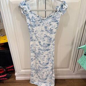 Cider Blue and White Off-Shoulder Midi Dress